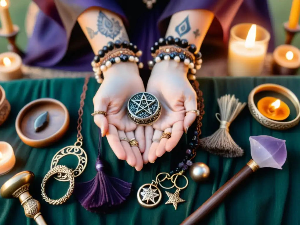 Unas manos de bruja arreglan con delicadeza un kit de altar portátil en un bosque, con gadgets portátiles para rituales