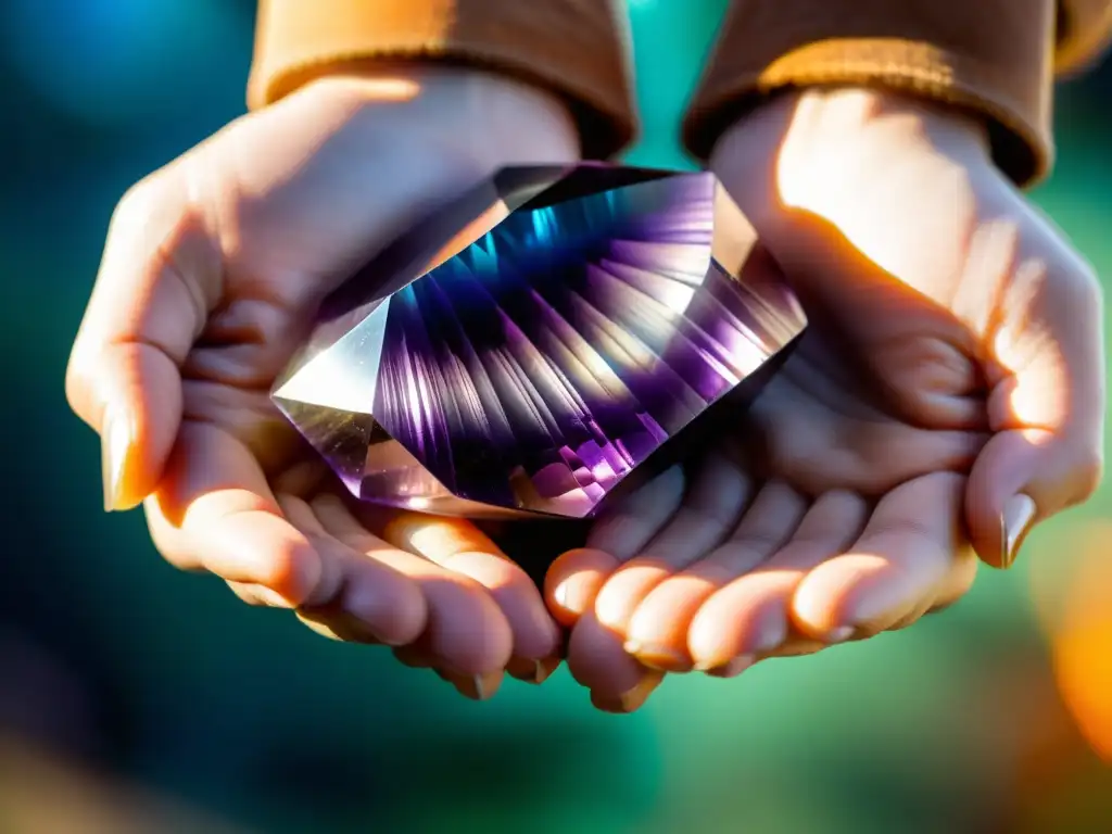 Manos sosteniendo un cristal de amatista, con luz solar creando un arcoíris de colores