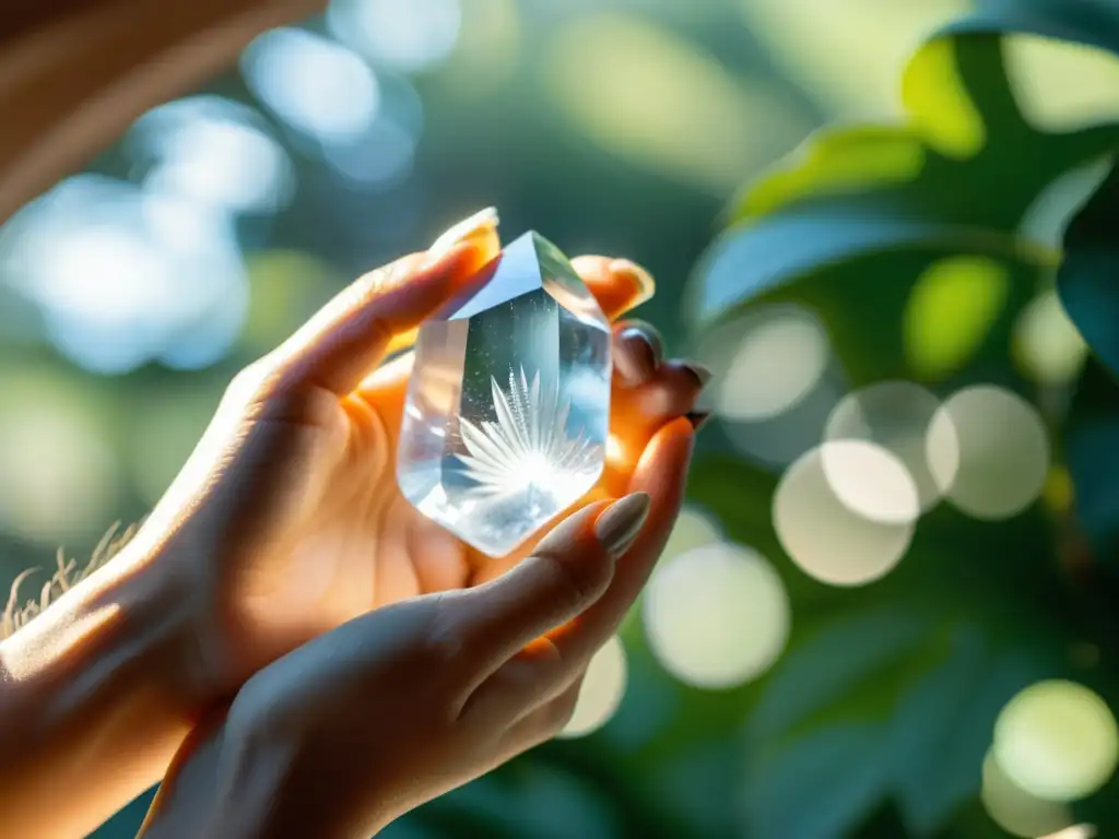 Manos sostienen un cristal de cuarzo con luz solar, integración de cristales en rituales