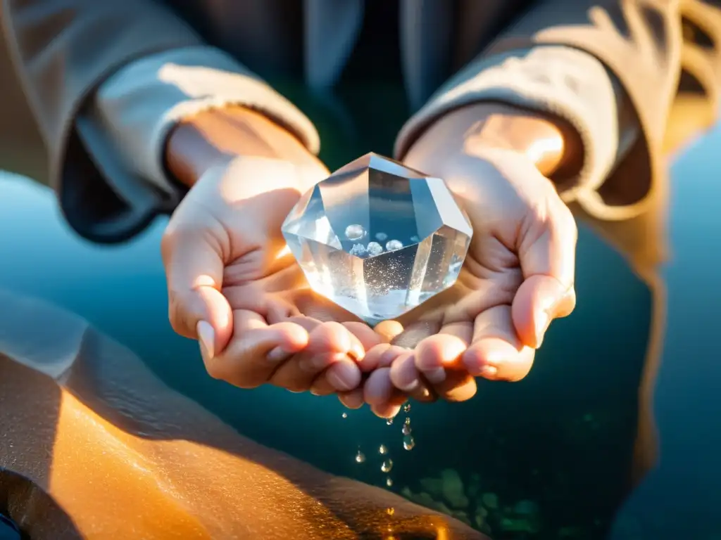 Manos limpiando cristales de cuarzo con agua, evocando purificación y conexión espiritual