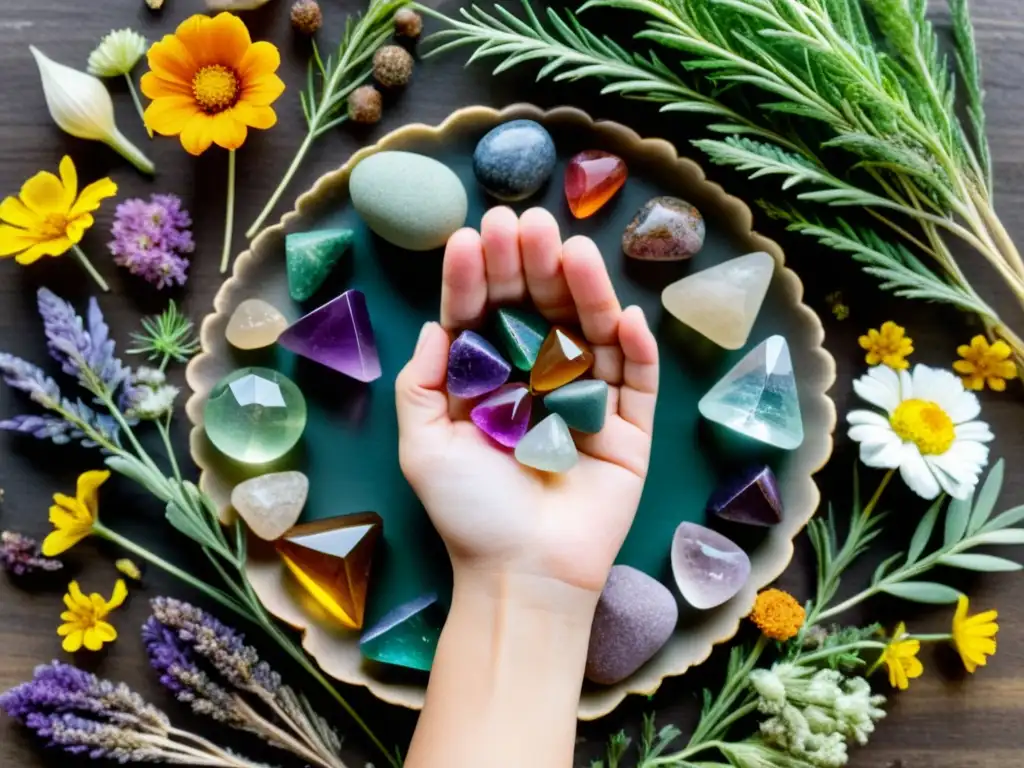 Manos sostienen cristales curativos y piedras sobre hierbas secas, en un ritual espiritual