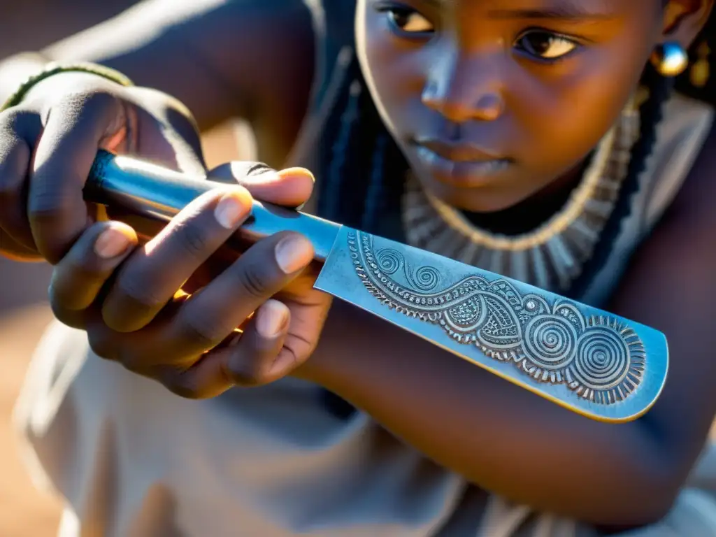 Manos de niña sosteniendo cuchillo ceremonial africano con grabados