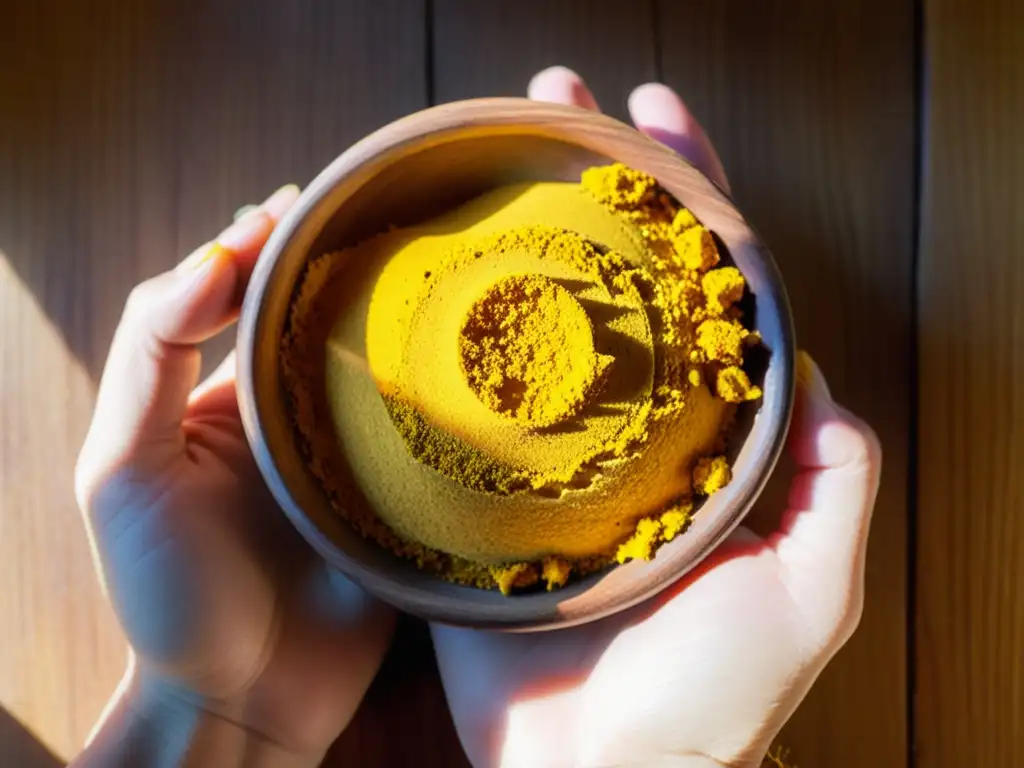 Ritual de Turmeric: Belleza en la Simplicidad Manos sostienen cuenco de madera con cúrcuma amarilla