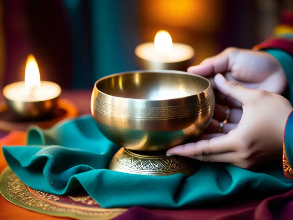 Manos sosteniendo un cuenco tibetano sobre tela colorida, con luz de velas al fondo