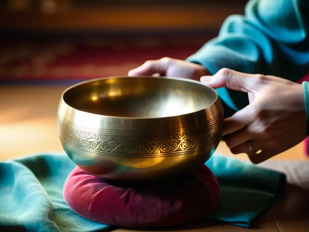 Manos cuidadosas limpiando un cuenco tibetano, revelando sus detalles y artesanía