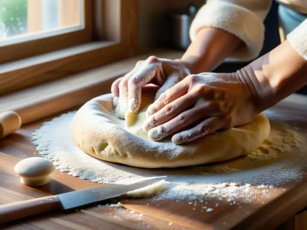 Manos cuidadosas amasando masa en encimera de madera, con luz natural