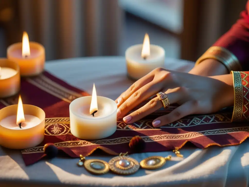 Manos cuidadosas arreglan velas en un ritual de abundancia, emanando intención y precisión