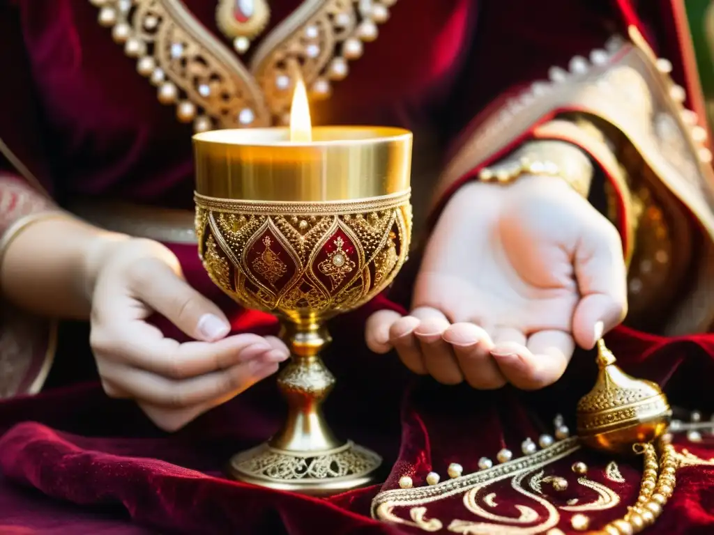 Manos decoradas con henna depositan un cáliz dorado sobre un paño de terciopelo rojo