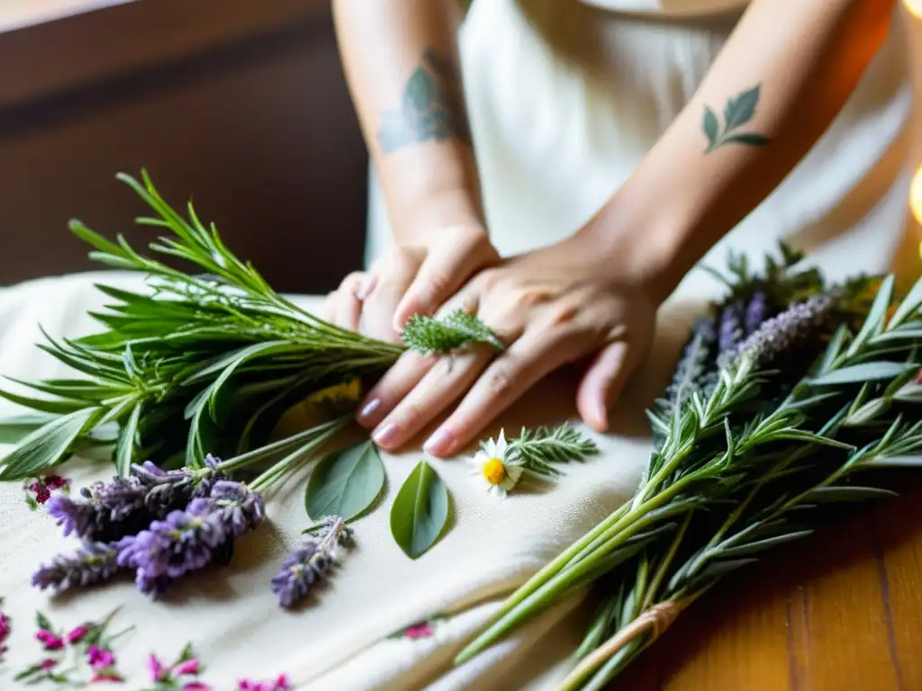 Manos decoradas con tatuajes botánicos ordenan hierbas y flores en un altar tejido, con luz natural