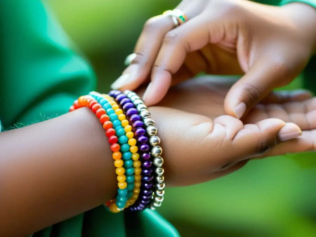 Manos delicadas enhebrando coloridas cuentas en una pulsera ritual para buena suerte, resplandeciendo en luz natural