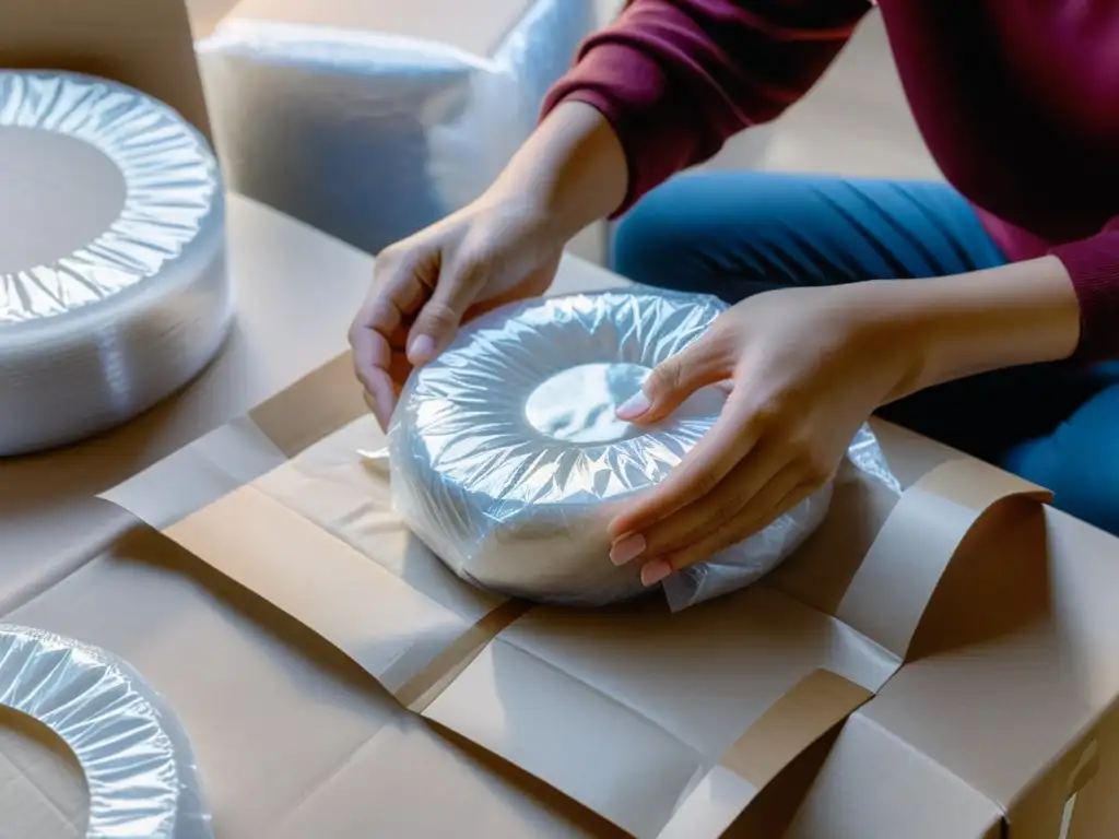 Manos envolviendo delicadas vajillas y cristalería con cuidado en burbujas y papel, en un ritual de despedida al mudarse