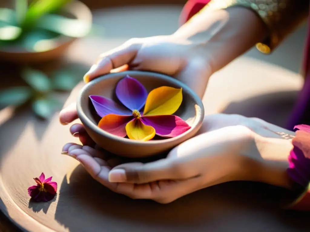 Manos con diseño de henna sostienen tazón de pétalos de flores