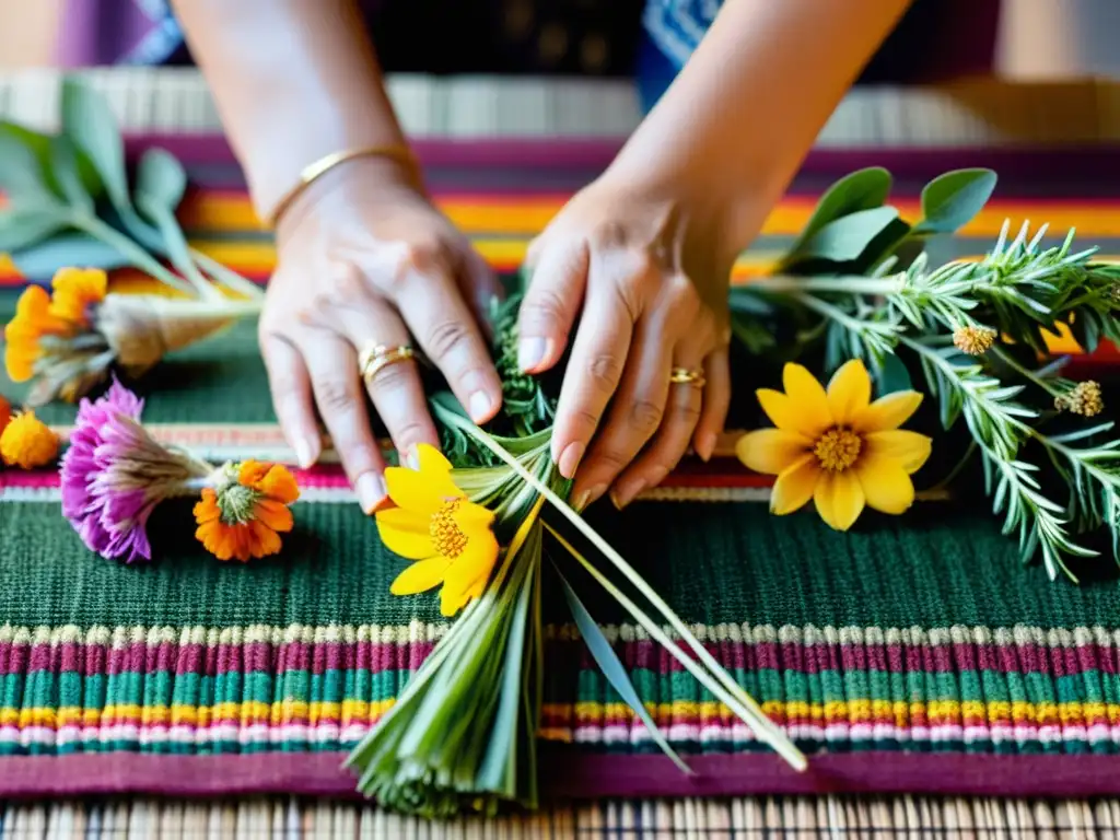 Unas manos experimentadas crean un hermoso ritual de transición de vida con flores y hierbas, mostrando sabiduría y cuidado