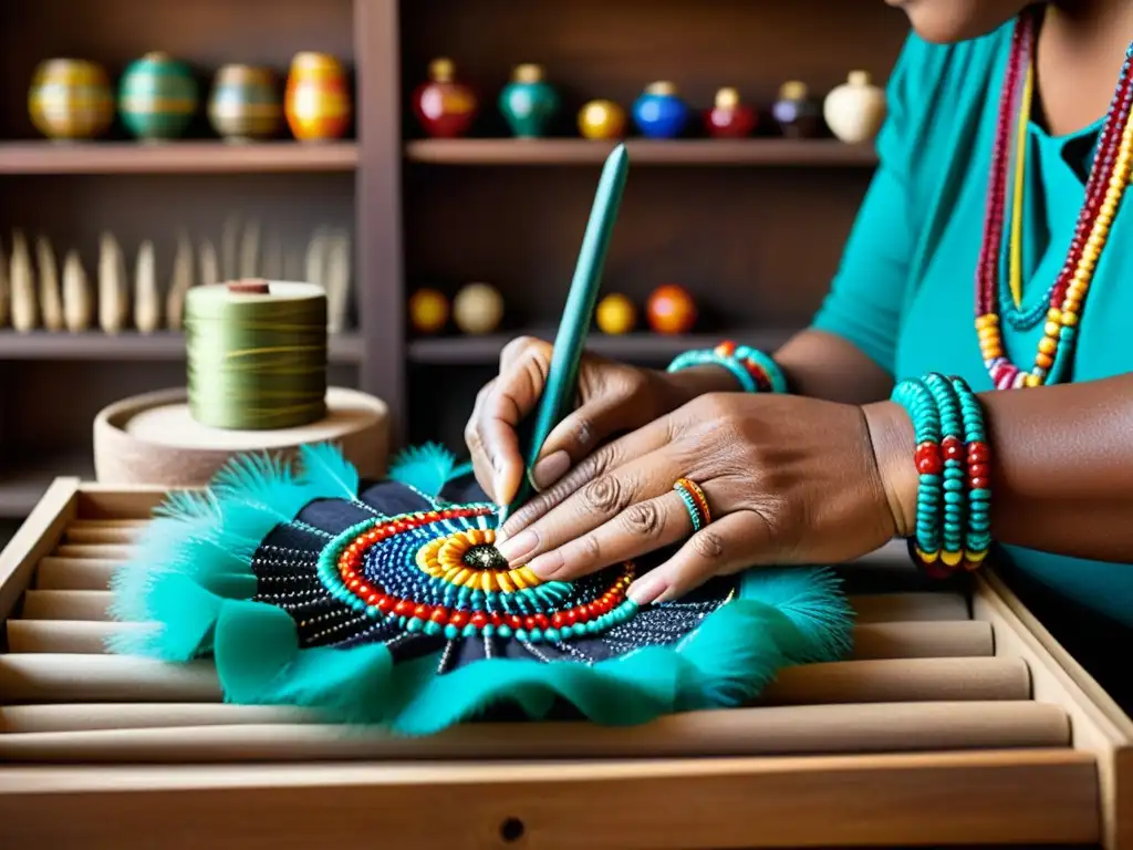 Las manos expertas de un artesano crean un talismán étnico tradicional con cuidado y precisión, en un taller lleno de materiales coloridos