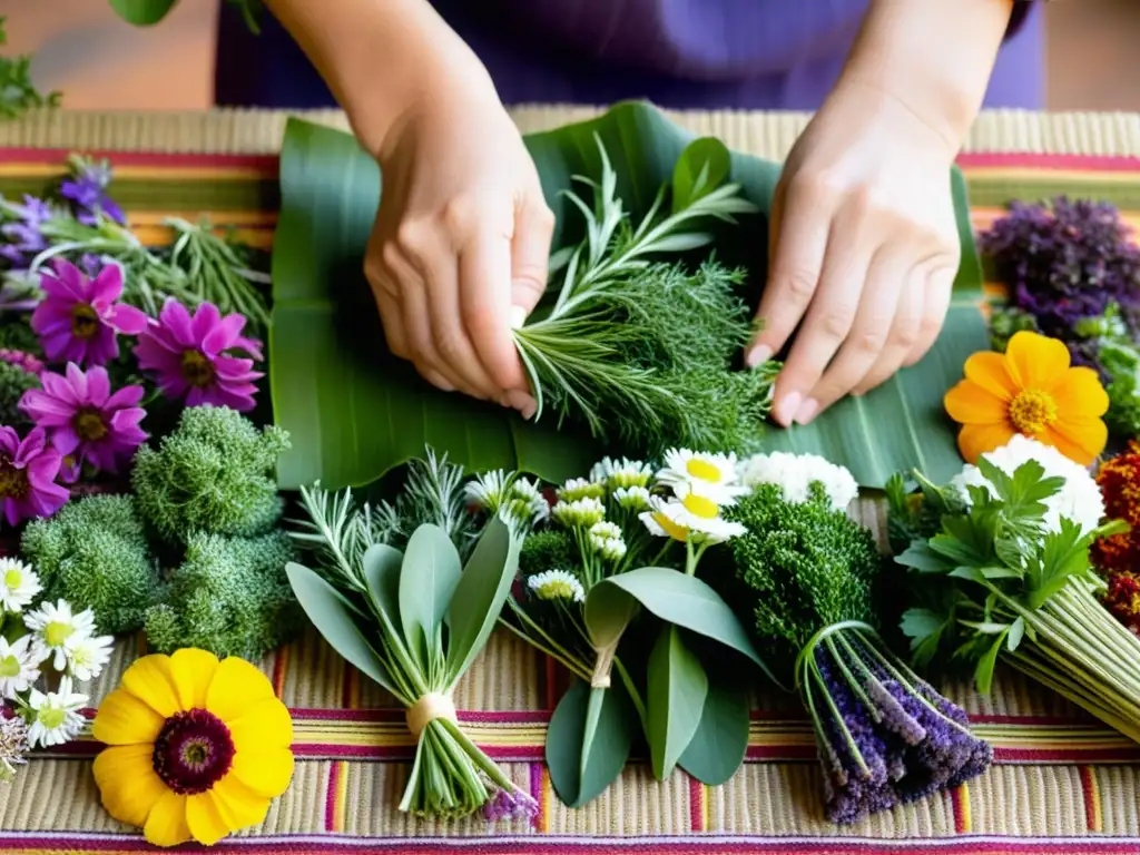 Unas manos expertas crean un hermoso arreglo herbal, destacando ingredientes naturales para fitoterapia en rituales de equinoccio