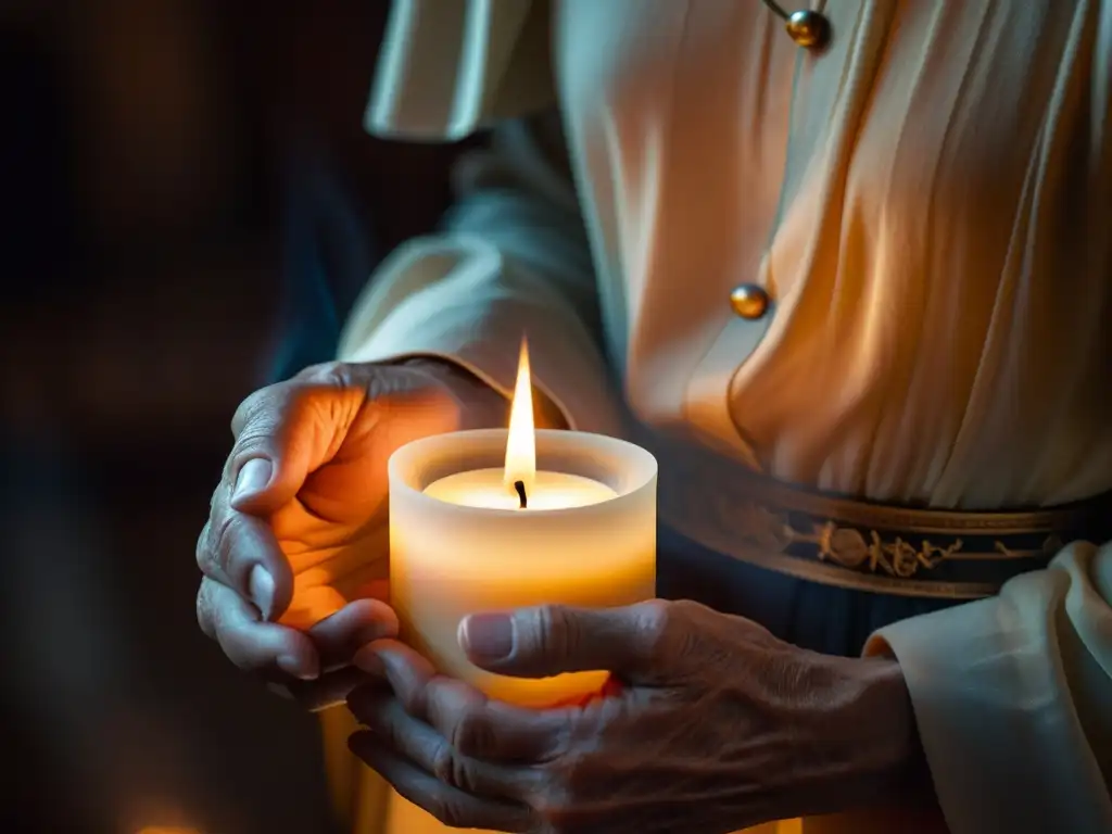 Manos de figura religiosa sostienen vela encendida en iglesia, evocando rito de consagración vida religiosa con atmósfera contemplativa y reverente