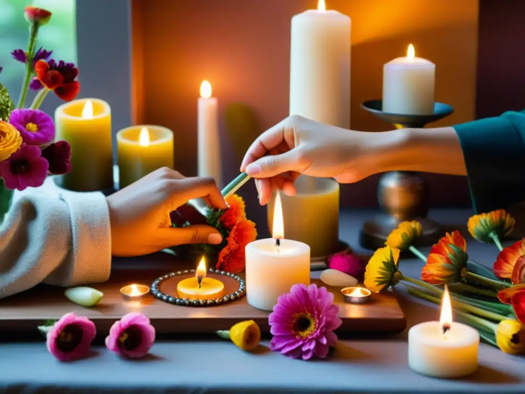 Manos arreglando flores y velas en un altar móvil, reflejando una práctica espiritual contemporánea