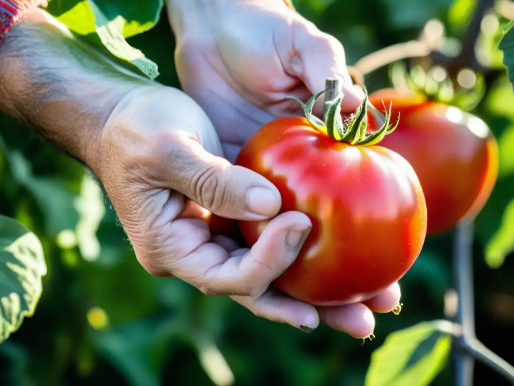 Manos de un granjero arrugadas sosteniendo con gratitud un tomate maduro, en un escenario de gratitud por la cosecha