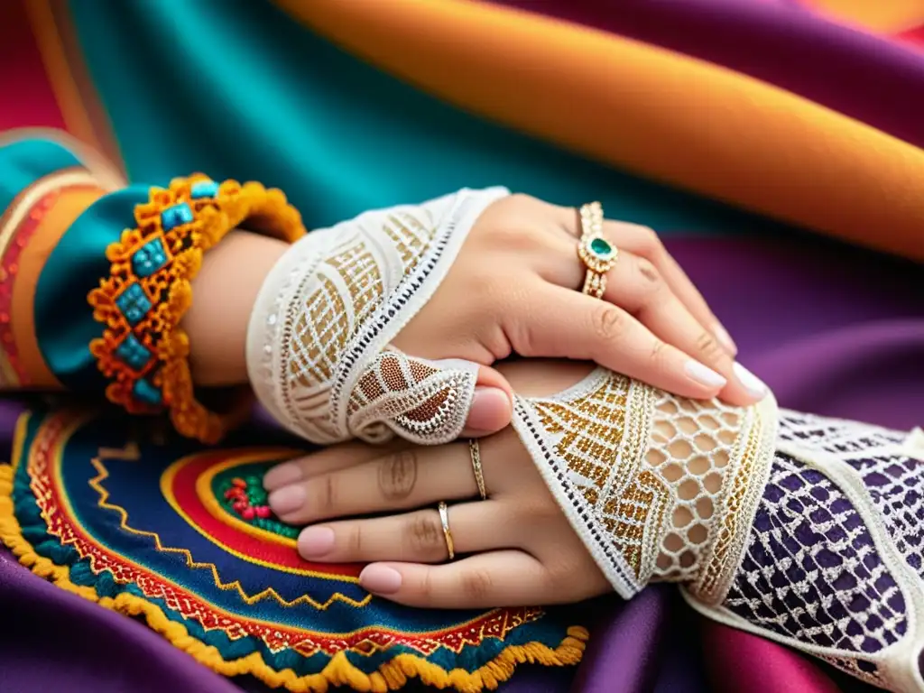 Unión de manos con guante de encaje y anillo joya sobre tela colorida, simbolizando ceremonias de matrimonio no binarias