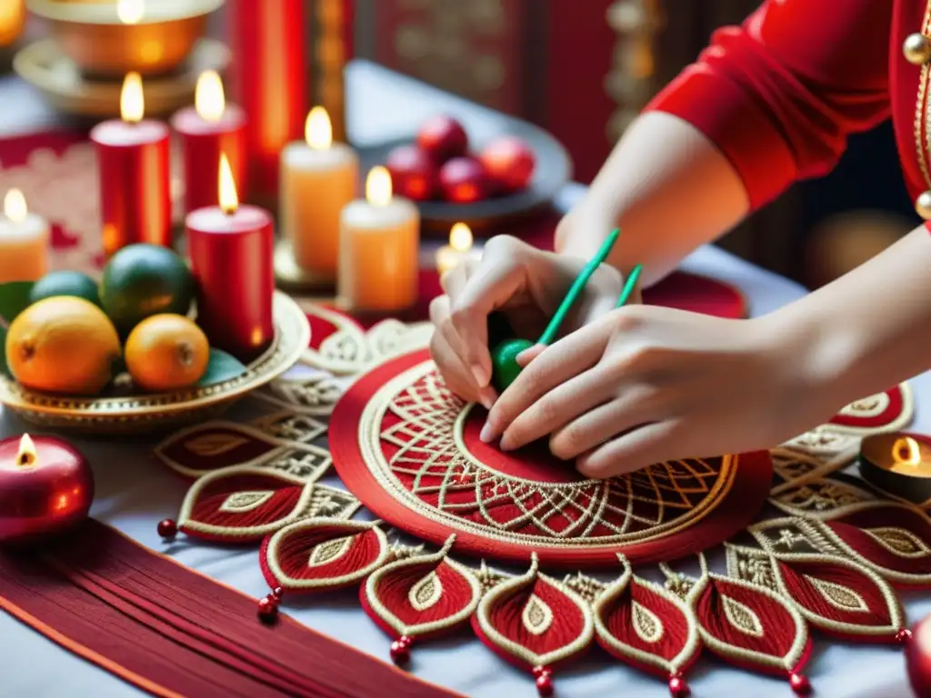 Manos hábiles tejen un diseño ornamental con hilo rojo en un ritual de Año Nuevo para suerte y amor