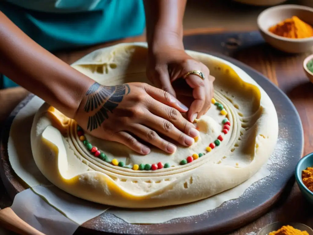 Manos hábiles amasando masa para recetas rituales indígenas en cocina rústica, evocando herencia cultural y significado sagrado