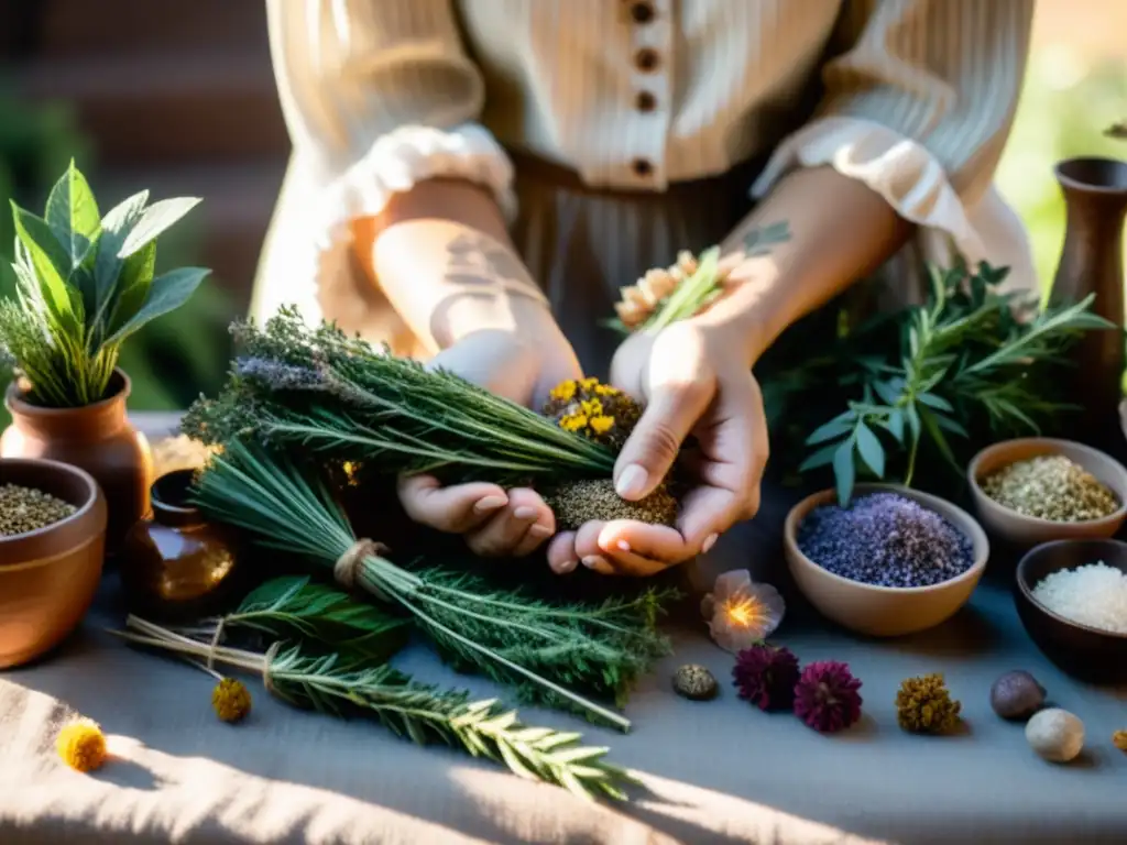 Manos cuidadosamente esparciendo hierbas y flores en un altar exterior, rodeado de plantas y herramientas rituales