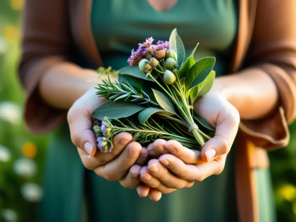 Manos delicadamente arreglando hierbas secas y flores con luz suave, evocando rituales mágicos amor prosperidad protección