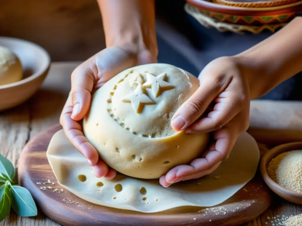 Manos indígenas amasan masa para ritual, con simbolismo del pan en rituales, en entorno natural y cálido