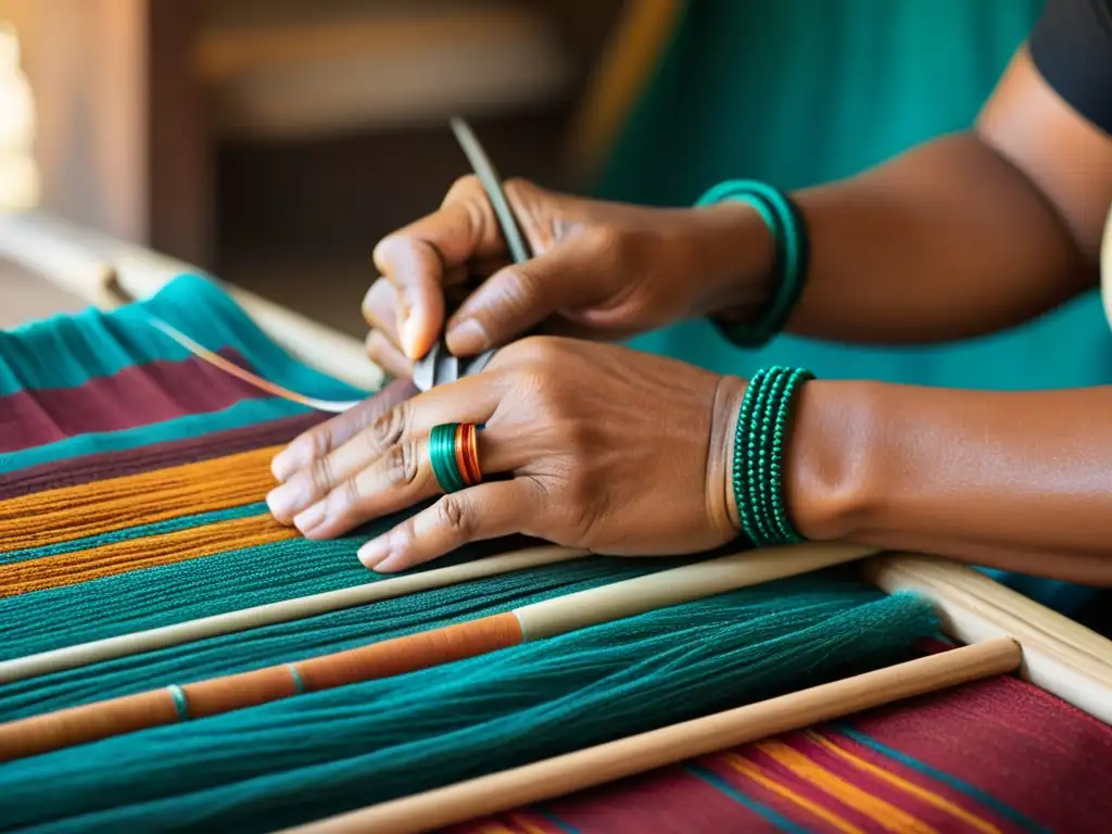 Manos indígenas tejiendo patrones vibrantes en textil tradicional, reflejando la meticulosa artesanía y la rica herencia cultural de las creaciones artesanales rituales indígenas