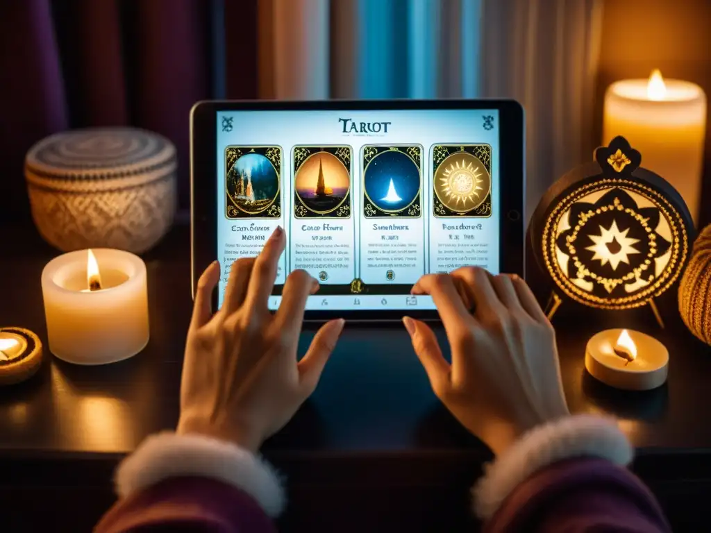 Manos realizando interpretaciones rituales tarot digital en una atmósfera mística y serena