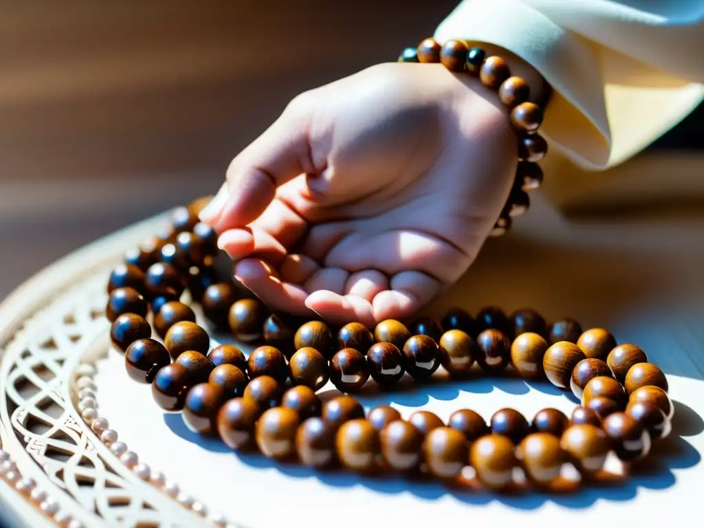 Manos sosteniendo un misbaha de madera, recitando dhikr