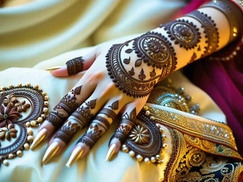 Las manos de una novia bellamente decoradas con diseños tradicionales de henna, resaltando el significado y arte de la henna en bodas