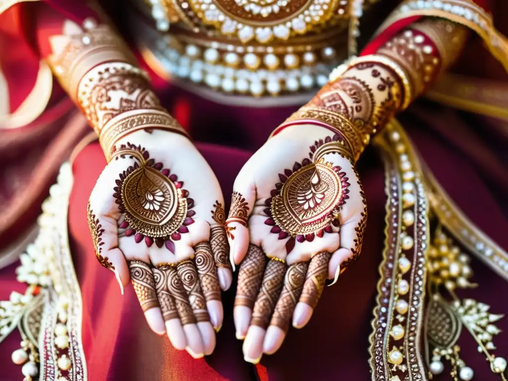 Las manos de la novia lucen un henna intrincado y detallado, resaltando la riqueza cultural y el arte del henna en bodas musulmanas