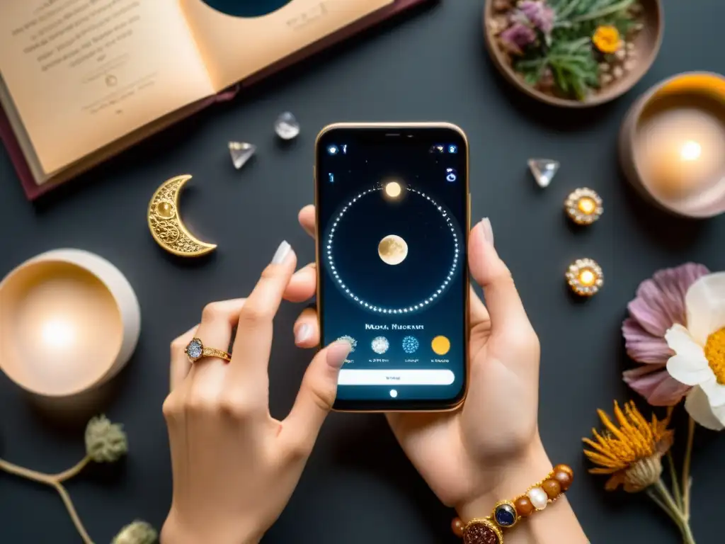 Las manos de una persona sostienen un smartphone con la app de fases lunares, rodeadas de elementos místicos