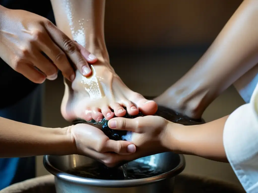 Unas manos lavan suavemente los pies en una luz cálida, simbolizando el lavatorio de pies en Jueves Santo