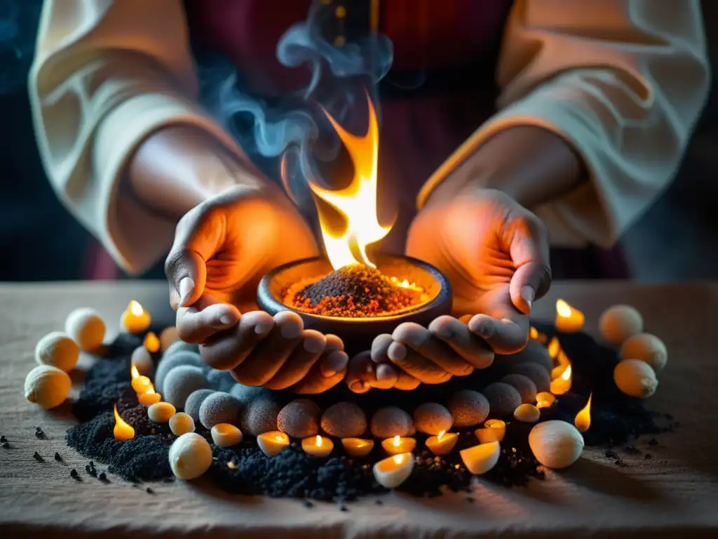 Manos realizando un ritual de limpieza con copal y carbones encendidos, creando una atmósfera mística