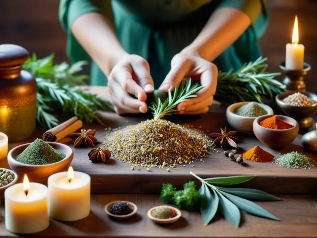 Unas manos sabias y delicadas arreglan hierbas y especias antiguas en un altar de madera, iluminadas por velas