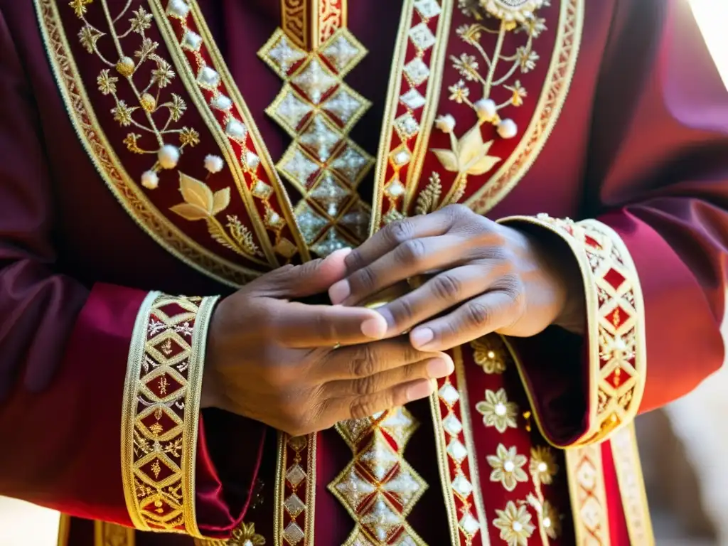 Las manos del sacerdote sostienen con delicadeza una casulla ricamente bordada en tonos dorados y carmesí, resaltando el meticuloso trabajo artesanal de la prenda religiosa