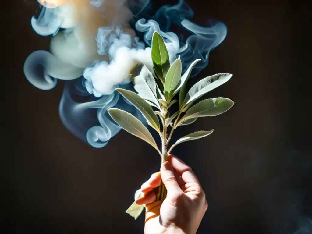 Manos encendiendo salvia blanca seca con fósforo, creando espirales de humo