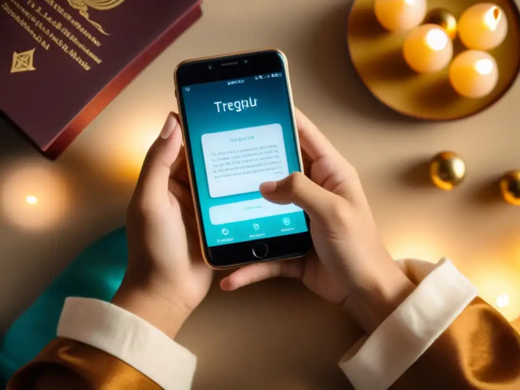 Manos sostienen smartphone con app para practicar rituales religiosos, fusionando tradición y modernidad en escena serena