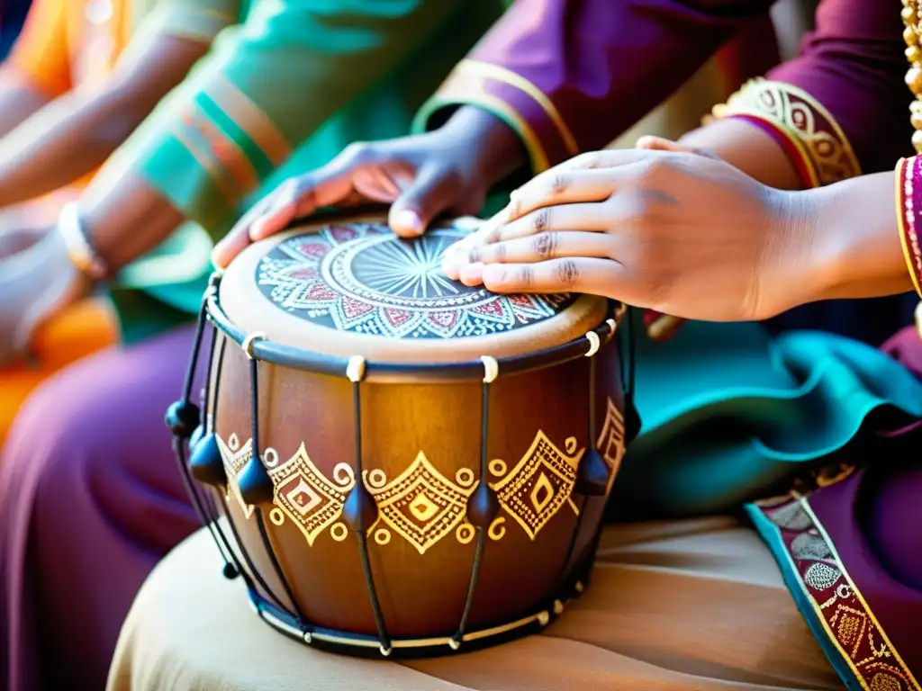 Manos tocando un tambor tradicional con patrones de henna