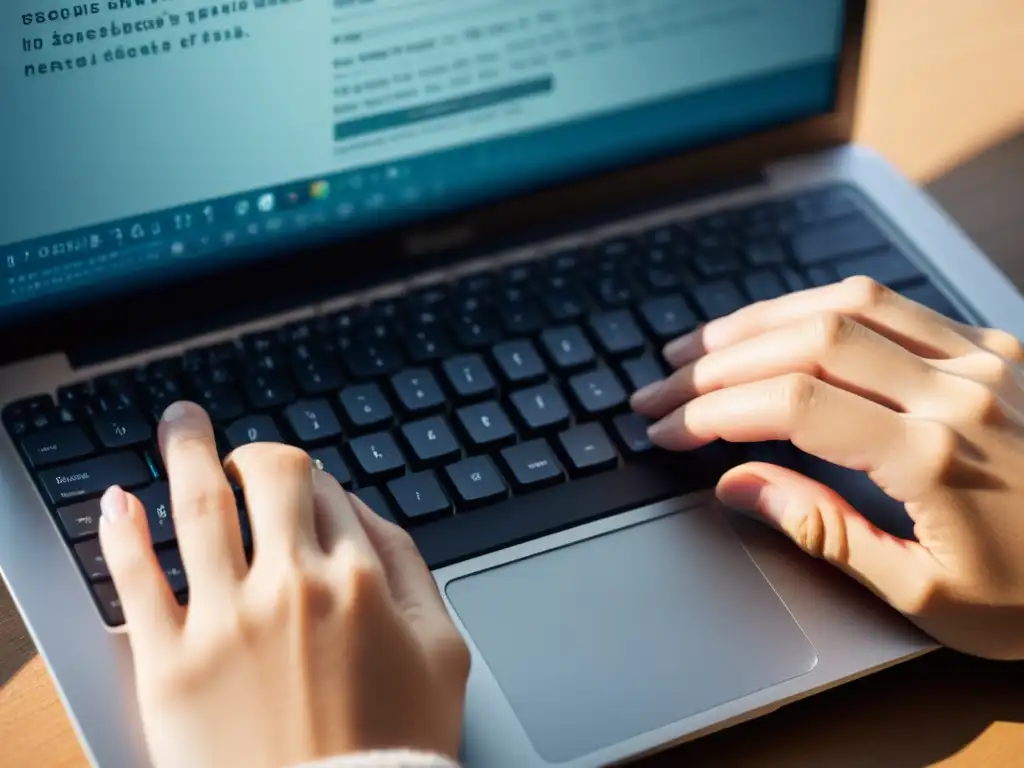 Manos escribiendo en un teclado de laptop, con enfoque en los dedos y detalles sutiles