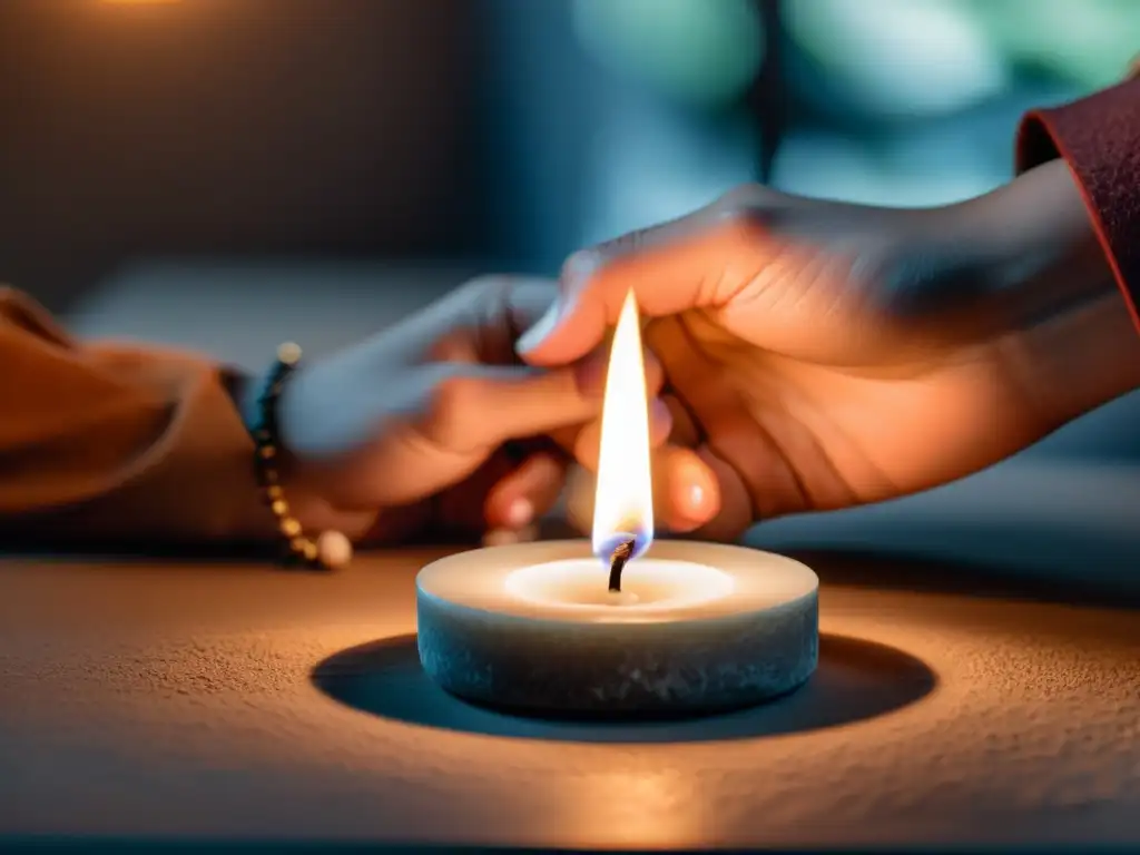 Manos encienden vela en altar sereno, simbolizando rituales de resiliencia en terapias ACT