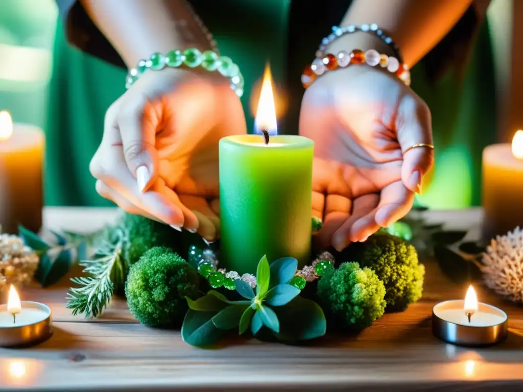 Manos encendiendo vela verde en altar místico con hierbas y cristales