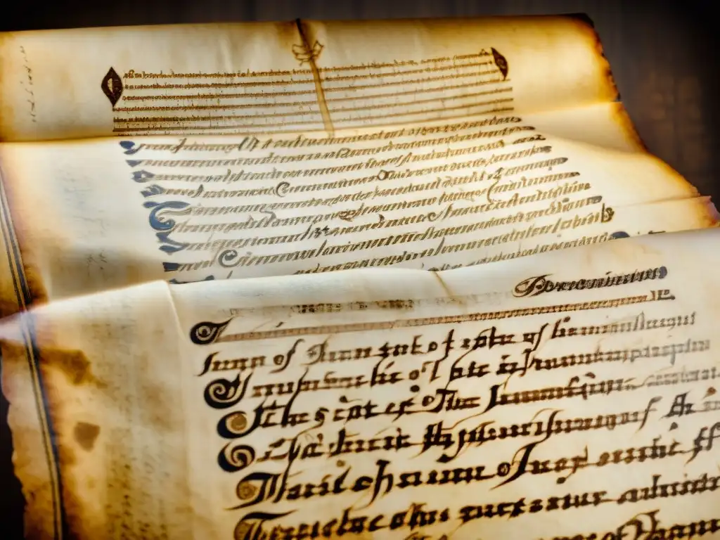 Manuscrito antiguo con caligrafía e iluminaciones detalladas, mostrando la historia y la sacralidad de los manuales de rituales sagrados