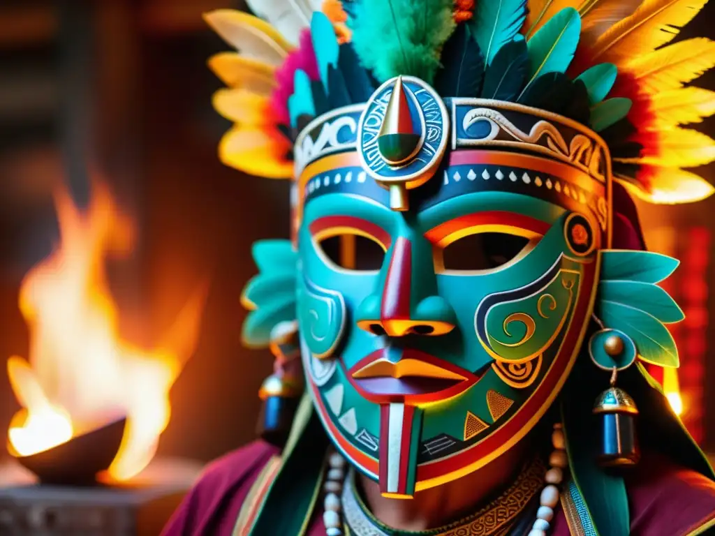 Una máscara ceremonial maya con grabados y colores vibrantes, sostenida por un chamán, iluminada por el fuego