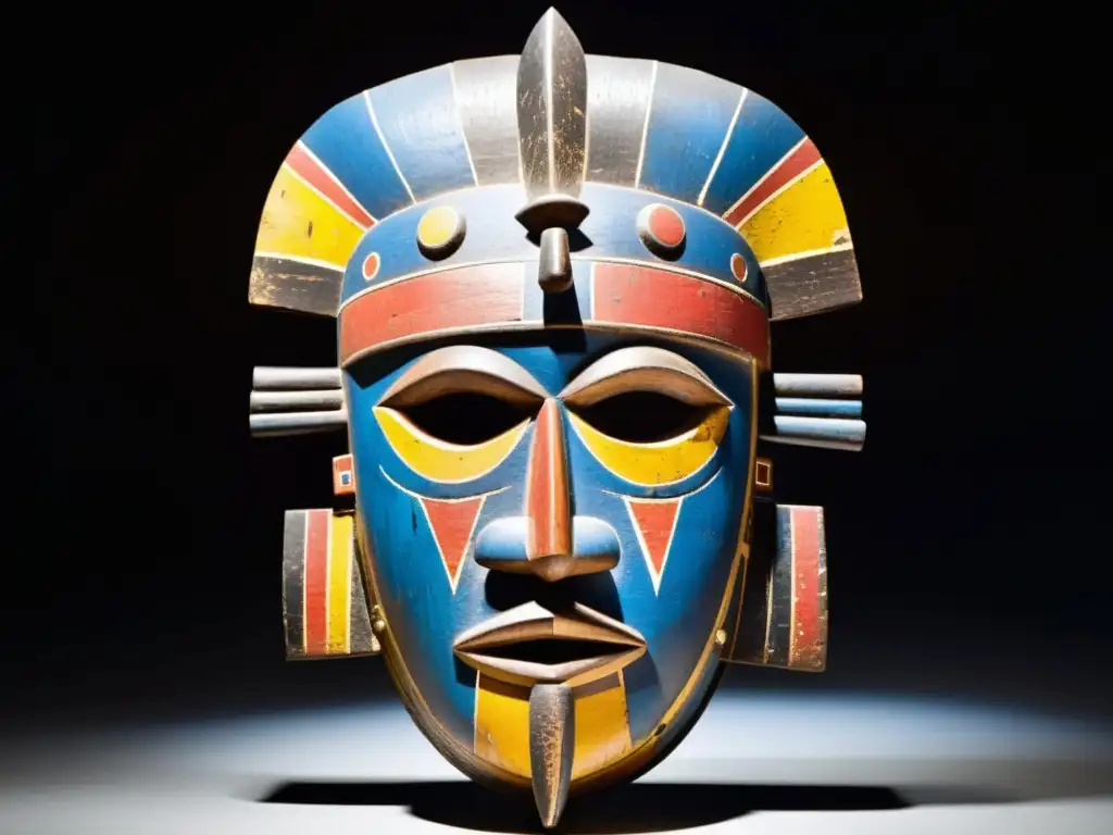 Una máscara ritual Dogon tallada en madera oscura, adornada con pigmentos rojos, azules y amarillos, y con patrones geométricos y motivos simbólicos