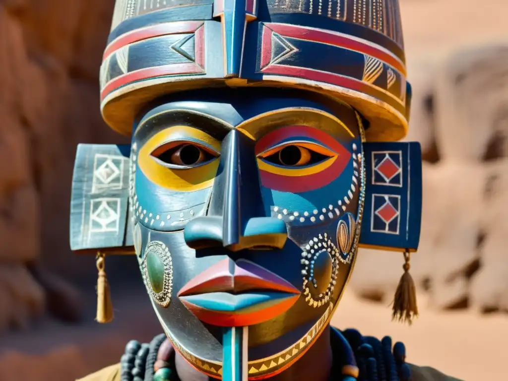 Una máscara ritual Dogon tallada en madera oscura con pigmentos coloridos