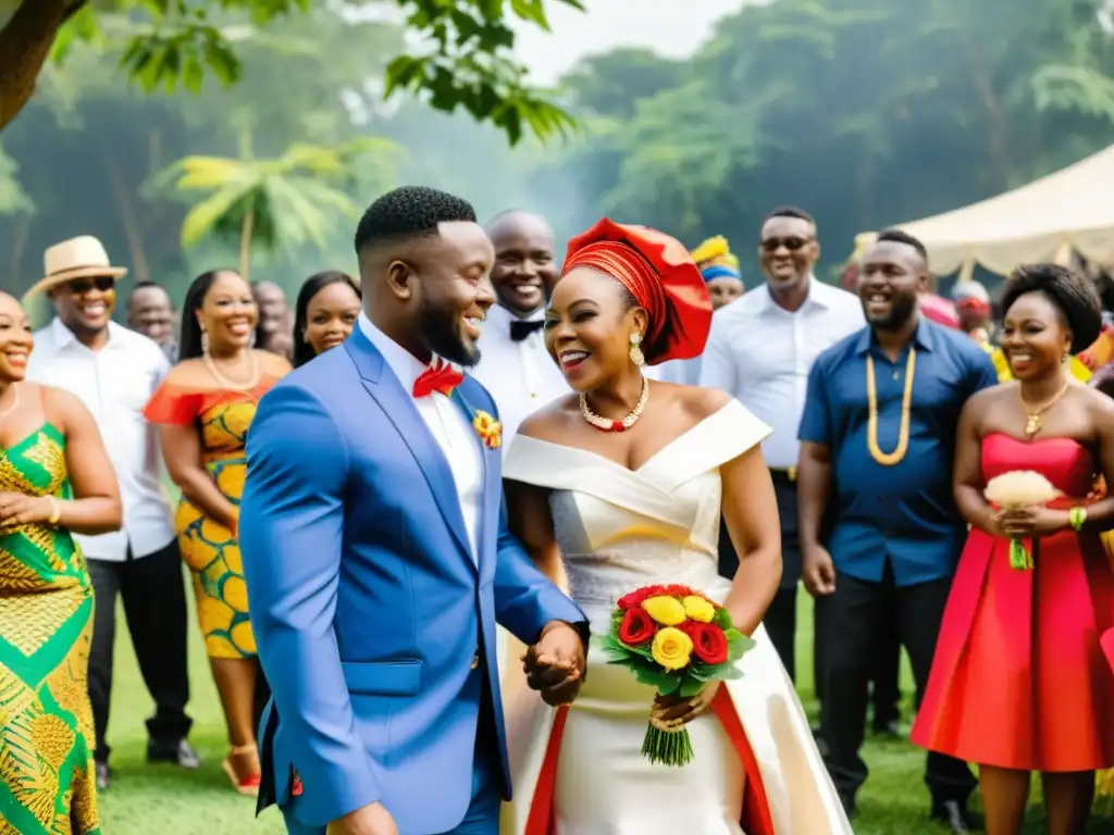 Matrimonio tradicional Igbo lleno de amor y tradición, con vestimenta colorida y celebración alegre al aire libre