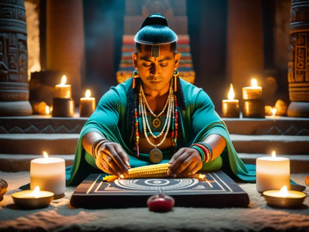 Shamán maya realizando un ritual de adivinación en un templo con velas, ofrendas y un tablero de adivinación